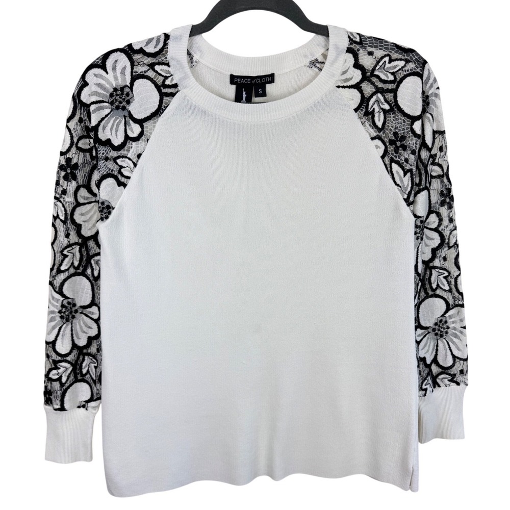 Peace of Cloth Womens White Black Floral Lace Raglan Sleeve Sweater KS23 Small